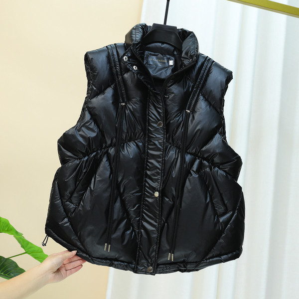 Γυναικείο γυαλιστερό γιλέκο με κολάρο και τσέπες