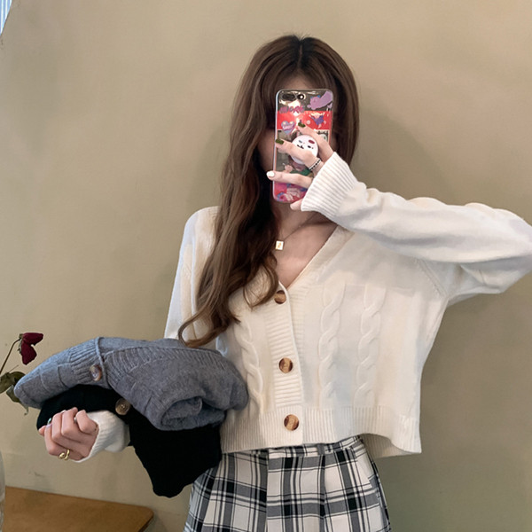 Paprastas moteriškas trumpas megztinis su špicine iškirpte