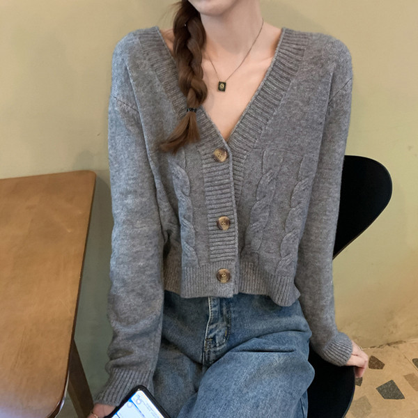 Paprastas moteriškas trumpas megztinis su špicine iškirpte