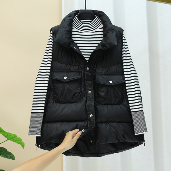 Asimetriška moteriška liemenė su kišenėmis ir aukšta apykakle