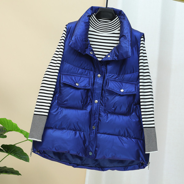 Asimetriška moteriška liemenė su kišenėmis ir aukšta apykakle