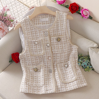 Ruuduline naiste vest ümara kaelusega ja pärlitega