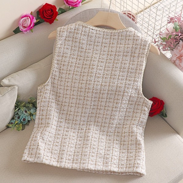 Ruuduline naiste vest ümara kaelusega ja pärlitega