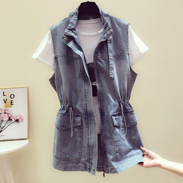 Vesta casual de dama din denim cu cravate si buzunare