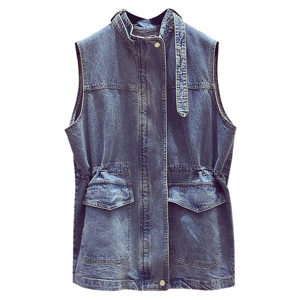 Vesta casual de dama din denim cu cravate si buzunare