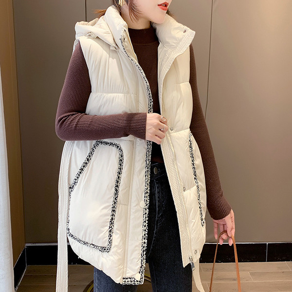 Naujo modelio moteriška liemenė su juosmens diržu ir gobtuvu