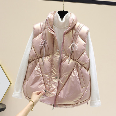 Kõrge krae ja taskutega läikiv naistevest