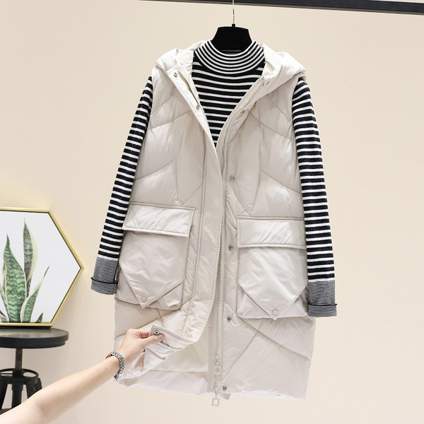 Naiste pikk taskute ja kapuutsiga vest