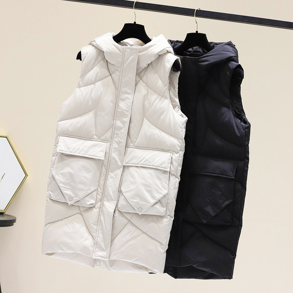 Naiste pikk taskute ja kapuutsiga vest