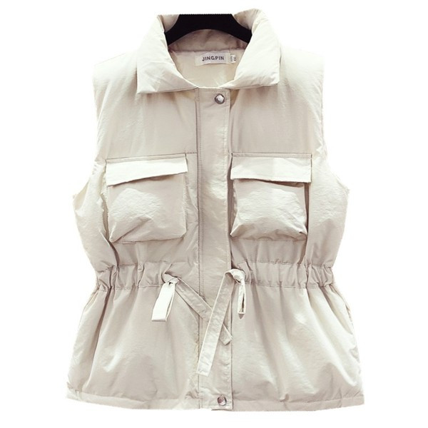 Moteriška žieminė liemenė su raiščiais ties juosmeniu ir kišenėmis