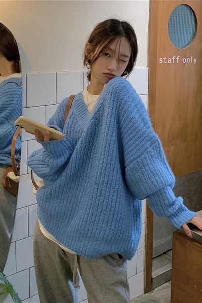 Γυναικείο καθημερινό φαρδύ πουλόβερ με ντεκολτέ