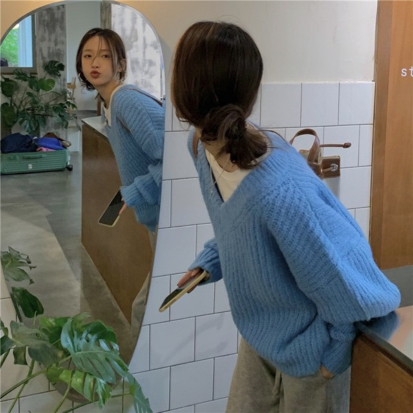 Γυναικείο καθημερινό φαρδύ πουλόβερ με ντεκολτέ