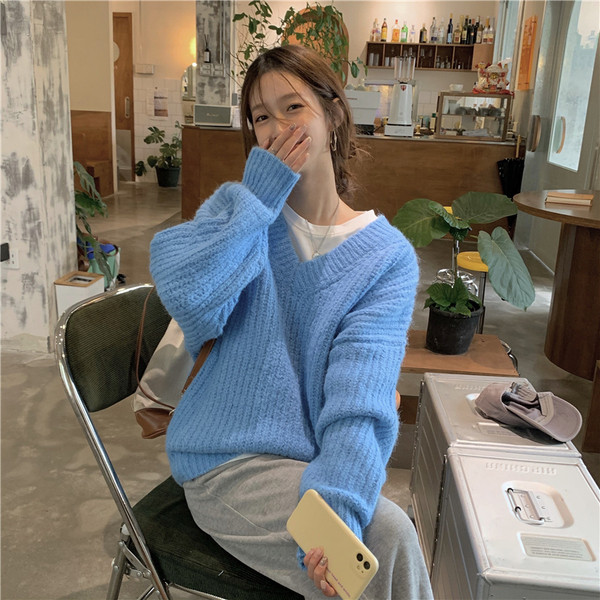 Γυναικείο καθημερινό φαρδύ πουλόβερ με ντεκολτέ