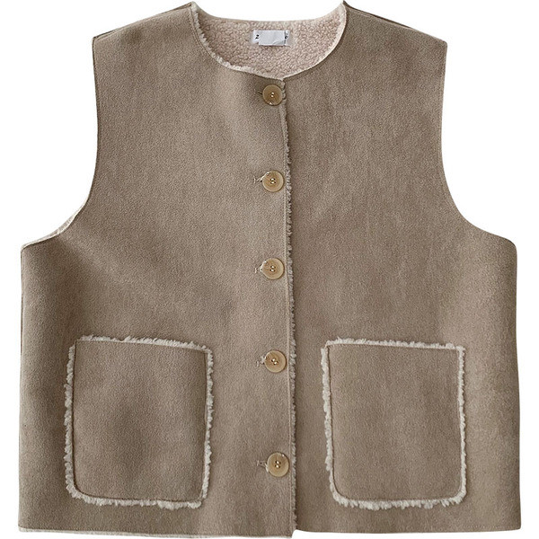 Pruun naiste vest ovaalse krae ja taskutega