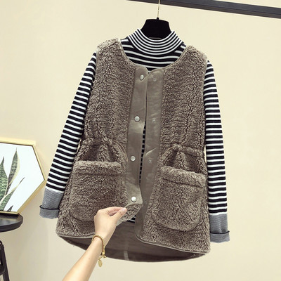 Šiuolaikinė moteriška liemenė su apvalia iškirpte ir eko oda