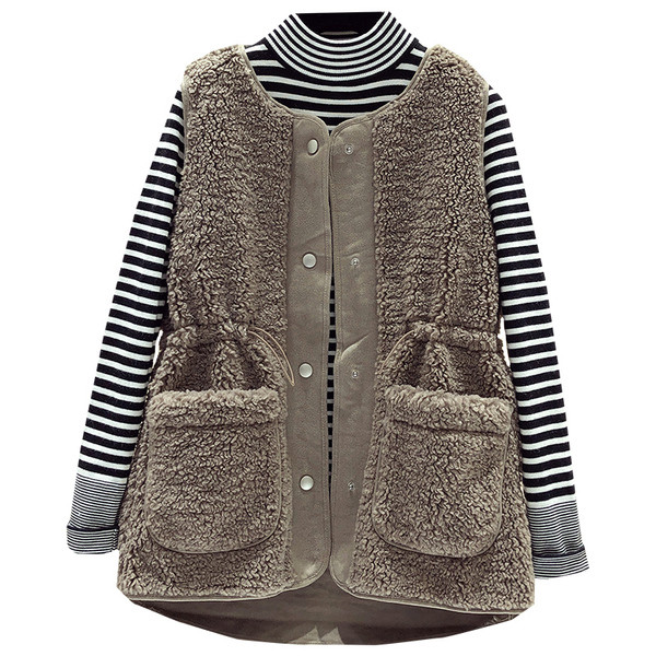 Šiuolaikinė moteriška liemenė su apvalia iškirpte ir eko oda