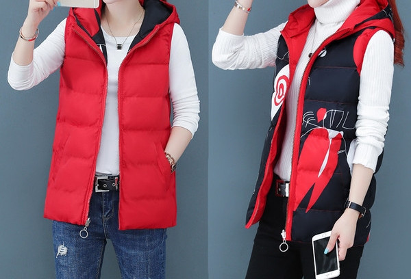 Įprasta moteriška liemenė su užtrauktuku ir gobtuvu