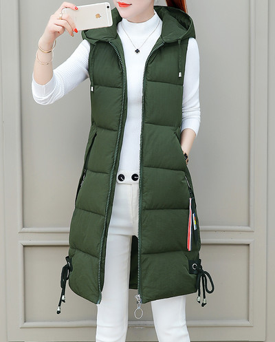 Winter women`s vest long model with a hood