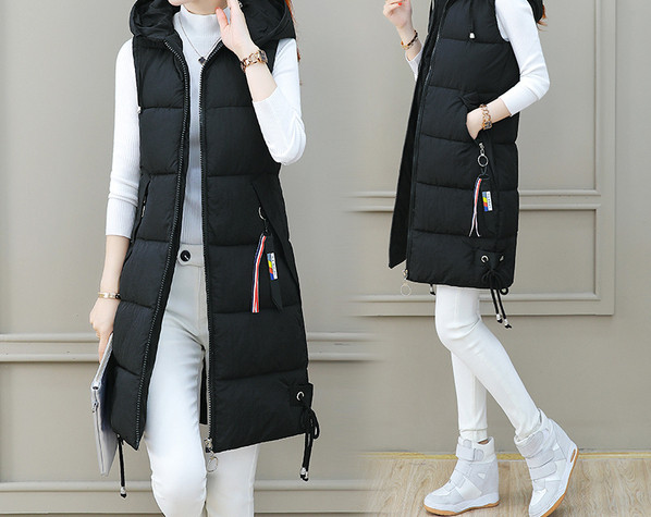 Зимен дамски елек дълъг модел с качулка