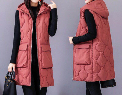 Γυναικείο μακρύ γιλέκο με κουκούλα και τσέπες