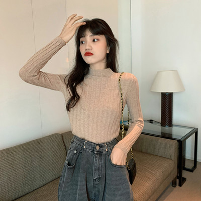 Stilingas moteriškas megztinis ilgomis rankovėmis prigludęs modelis