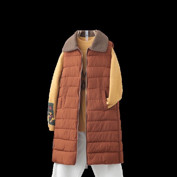 Naiste pikk vest klassikalise krae ja lukuga