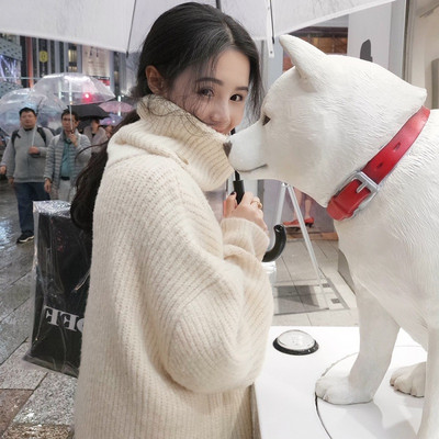 Κομψό γυναικείο μακρύ πουλόβερ φαρδύ μοντέλο με ψηλό γιακά