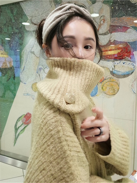 Κομψό γυναικείο μακρύ πουλόβερ φαρδύ μοντέλο με ψηλό γιακά