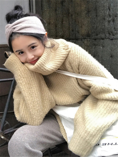 Κομψό γυναικείο μακρύ πουλόβερ φαρδύ μοντέλο με ψηλό γιακά