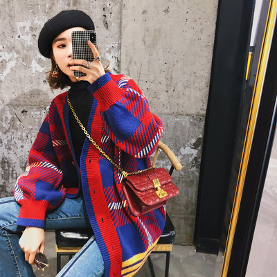 Modernus moteriškas ilgas platus megztinis su raštu