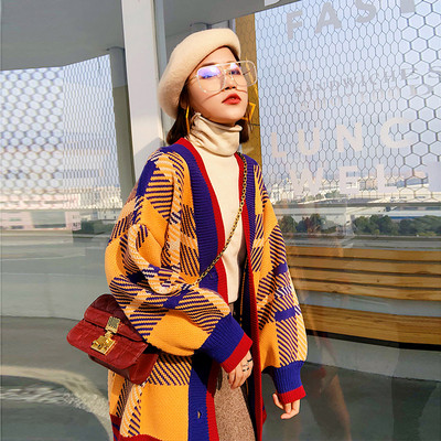 Modernus moteriškas ilgas platus megztinis su raštu