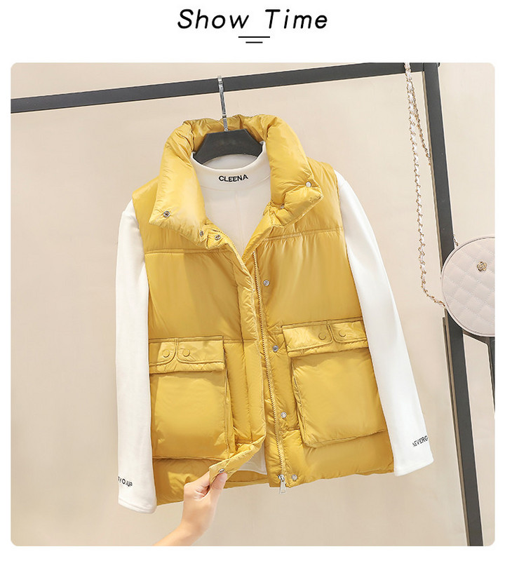 Moderan ženski zimski prsluk sa džepovima i visokim ovratnikom