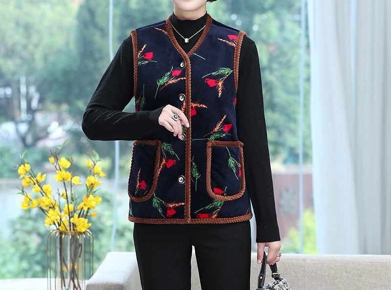 Κοντό γιλέκο με κουμπιά και λουλουδάτο μοτίβο για γυναίκες