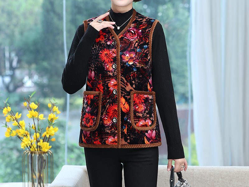 Κοντό γιλέκο με κουμπιά και λουλουδάτο μοτίβο για γυναίκες