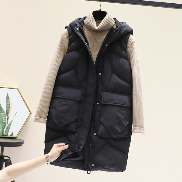 Ženski moderan dugi prsluk s kapuljačom