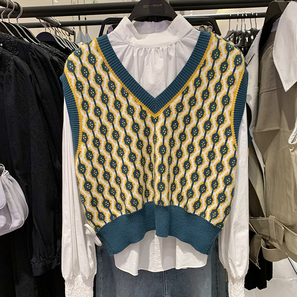 Πολύχρωμο γυναικείο γιλέκο ρετρό στυλ με λαιμόκοψη