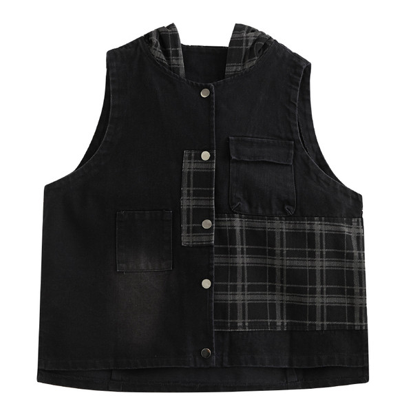 Šiuolaikinė moteriška liemenė iš džinsinio audinio su gobtuvu