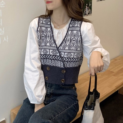 Värviline kootud naiste vest V-kaelusega ja topeltkinnitusega