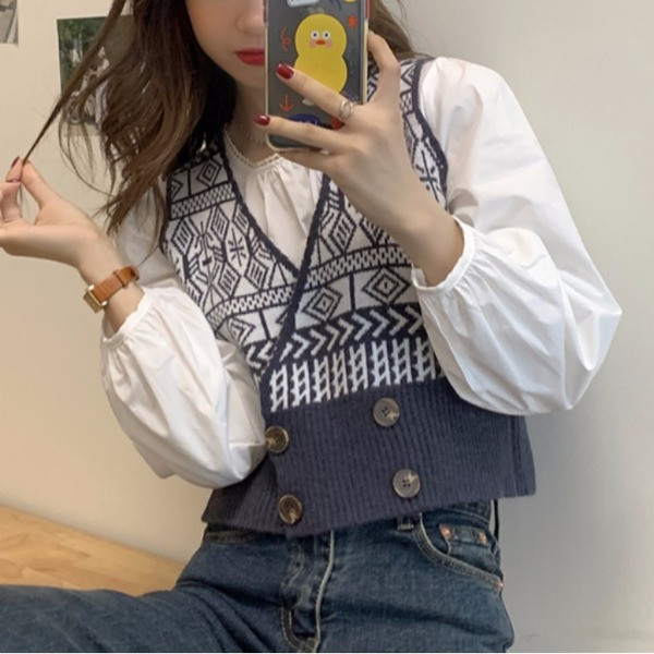 Värviline kootud naiste vest V-kaelusega ja topeltkinnitusega