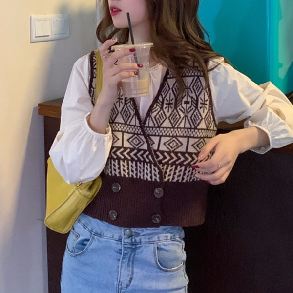 Värviline kootud naiste vest V-kaelusega ja topeltkinnitusega