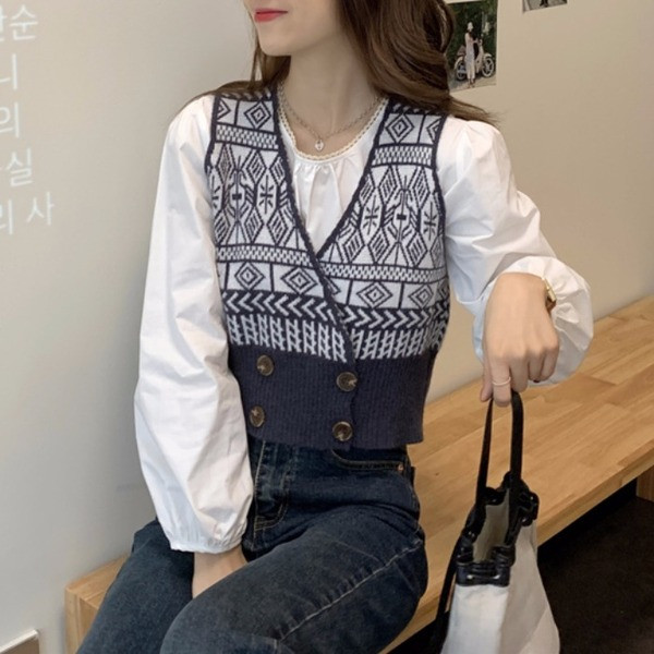 Värviline kootud naiste vest V-kaelusega ja topeltkinnitusega