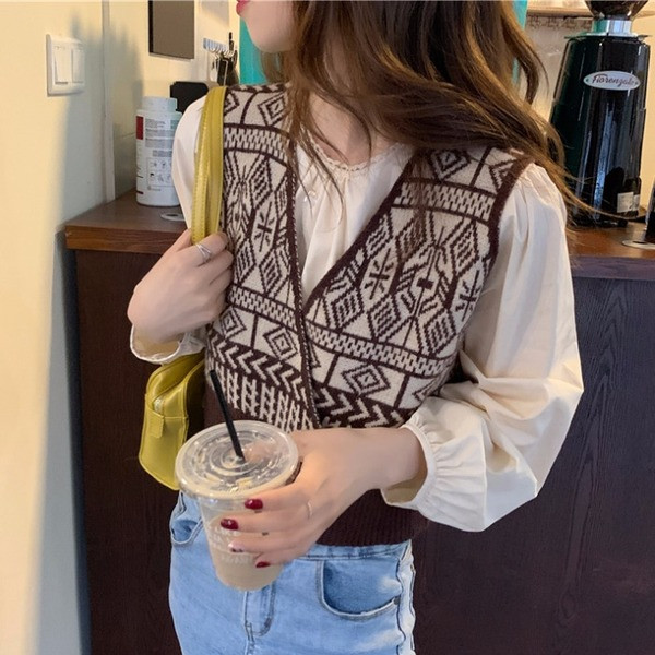 Värviline kootud naiste vest V-kaelusega ja topeltkinnitusega