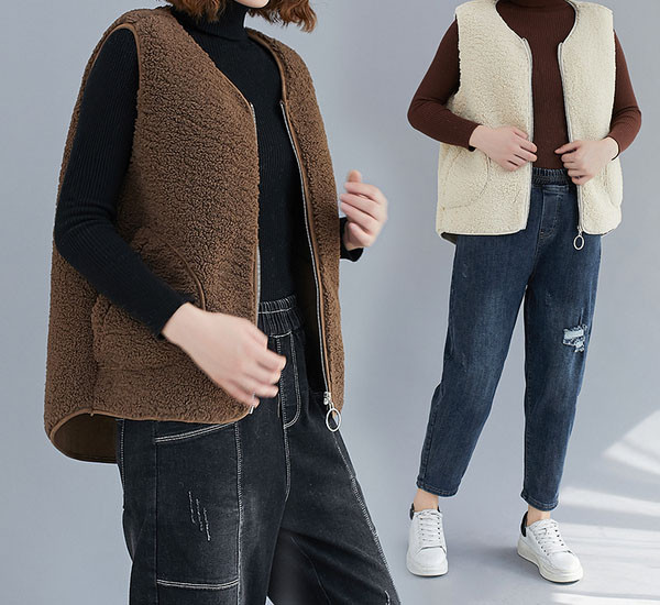 Γυναικείο φαρδύ γιλέκο με φερμουάρ και λαιμόκοψη