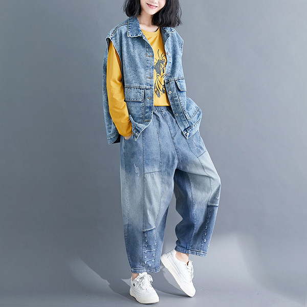 Naiste vabaaja siniste taskutega teksavest