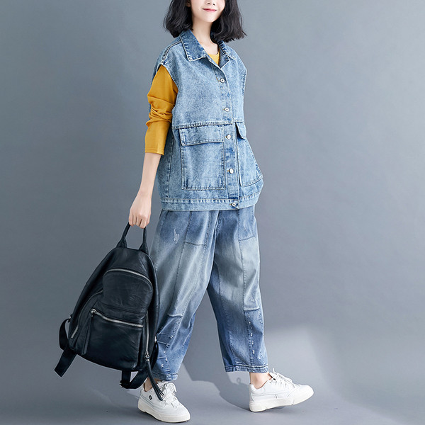 Naiste vabaaja siniste taskutega teksavest