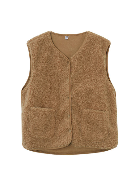 Moteriška pūkinė liemenė su ovalia iškirpte, kišenėmis ir sagomis