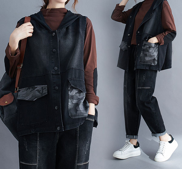 Γυναικείο γιλέκο τζιν με μοτίβο και κουμπιά καμουφλάζ