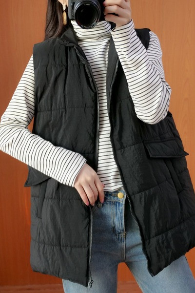 Καθημερινό φαρδύ γιλέκο με ψηλό γιακά και φερμουάρ