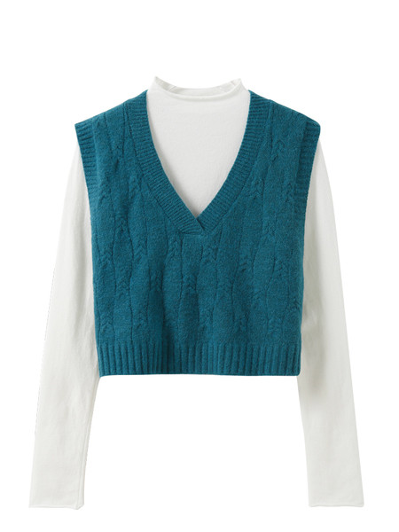 Kratki pleteni ženski prsluk s V izrezom