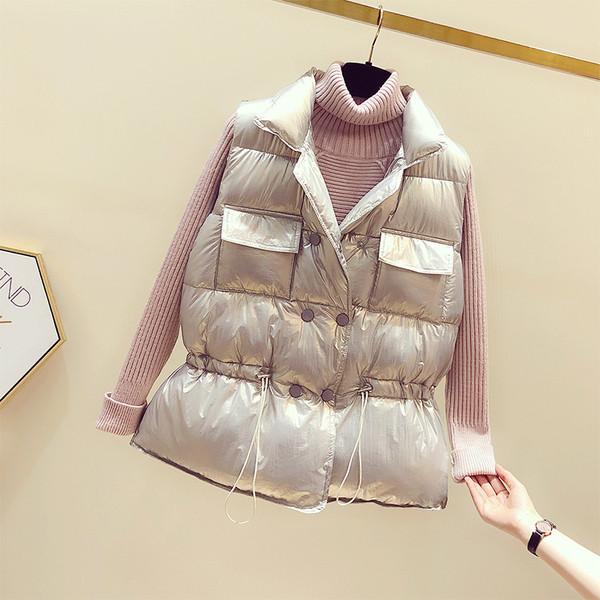 Moodne naiste läikiv vest taskute ja elastse vöökohaga